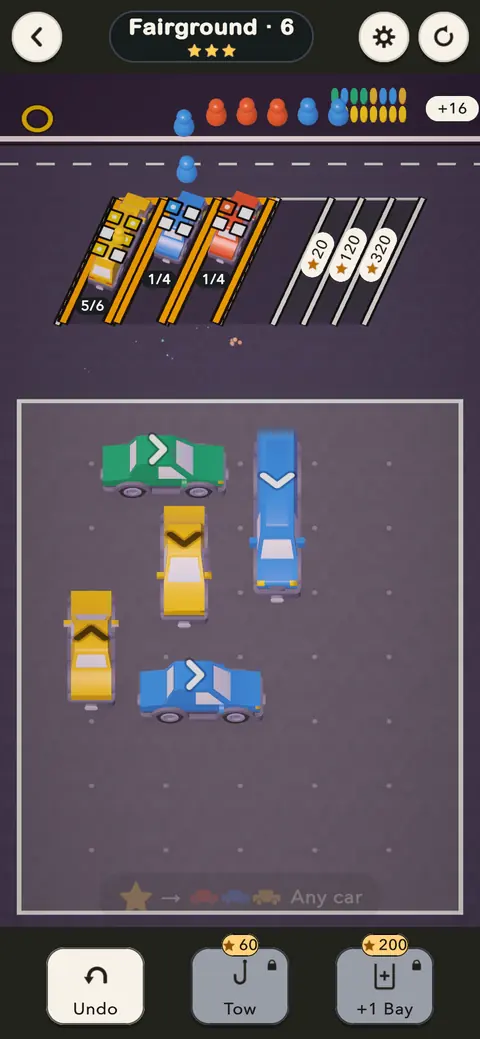 Fairground, level 6: a lot at dusk with cars of four colors; three cars wait at the curb as their passengers board.