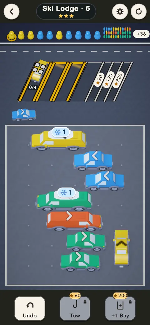 Ski Lodge, level 5: cars jammed in a lot, two with snowflake badges, one driving round the road to the bays, and passengers waiting in a long line.