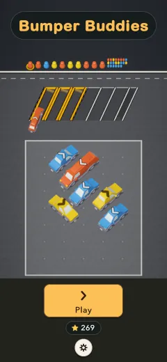 Bumper Buddies' title screen: a small parking lot of colorful cars, a line of passengers, and a big yellow Play button.