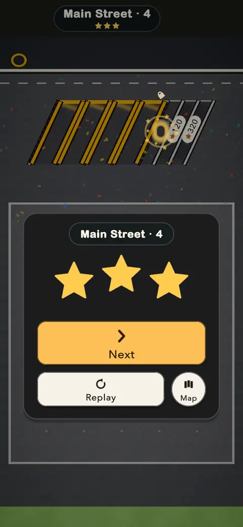 Main Street, level 4, cleared: three gold stars, with Next, Replay and Map buttons.