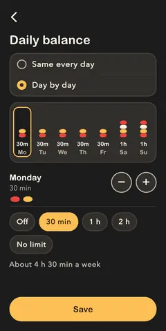 Daily balance, day by day: a week strip with each day's pebbles, Monday selected at 30 minutes, minus and plus buttons, and quick choices.