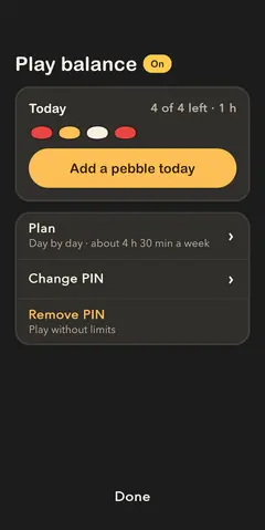 The grown-ups' page: today's pebbles, Add a pebble today, the plan, Change PIN and Remove PIN.