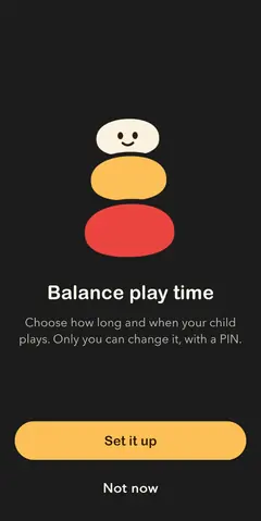Play Balance's first screen: a smiling stack of three pebbles, Balance play time, and a Set it up button.